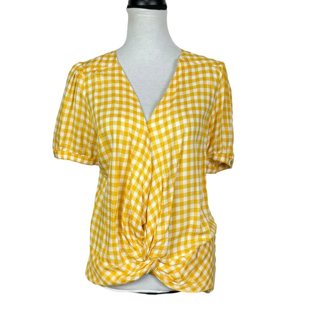 Kut from the Kloth Golden Yellow Gingham Checkered Short Sleeve Twist Top